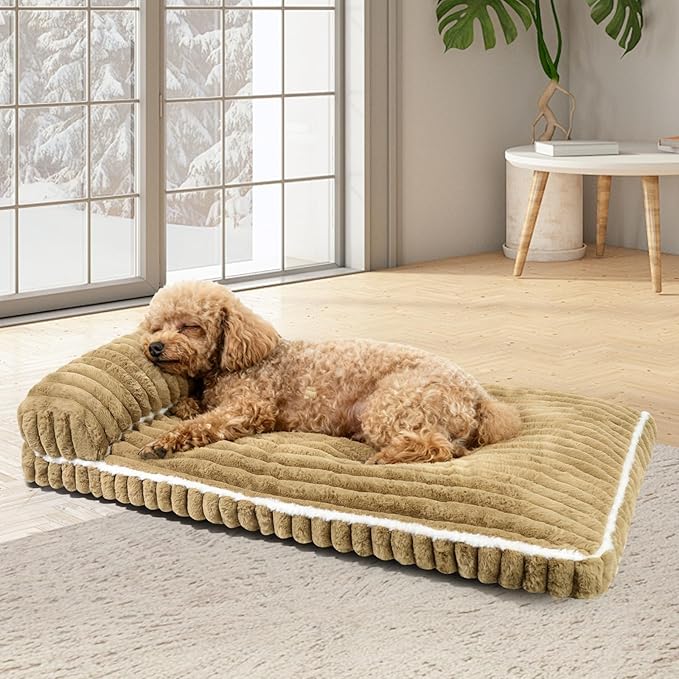 Comfort Dog Beds for Medium Size Dogs, Dog Bed with Removable Washable Cover, Deluxe Plush Dogs Bed for Crate with Pillow, Anti-Slip Pet Mat Mattress for Kennel with Durable Zipper(Brown, M)