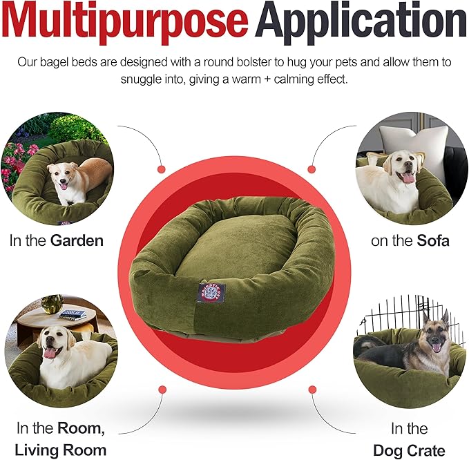 Majestic Pet 32 Inch Micro Velvet Calming Dog Bed Washable – Cozy Soft Round Dog Bed with Spine for Head Support - Fluffy Donut Puppy Mat 32x23x7 (inch) Medium – Fern