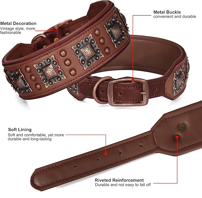 PET ARTIST Genuine Leather Dog Collar for Large Dogs, 2 inch Wide Luxury Dog Collar with Rivet Studded & Metal Buckle, Comfortable & Stylish Pet Collars for Great Dane Rottweiler,Brown,Neck 22-25"