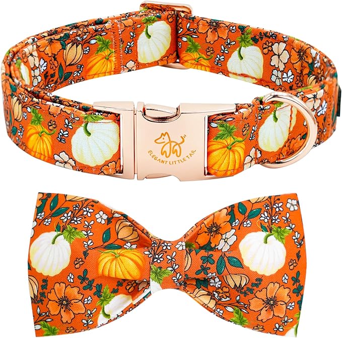 Elegant little tail Halloween Dog Collar, Pumpkin with Flower Print Halloween Pet Collars Puppy Collar with Bow Cute Adjustable Collars for Small Medium Large Dogs
