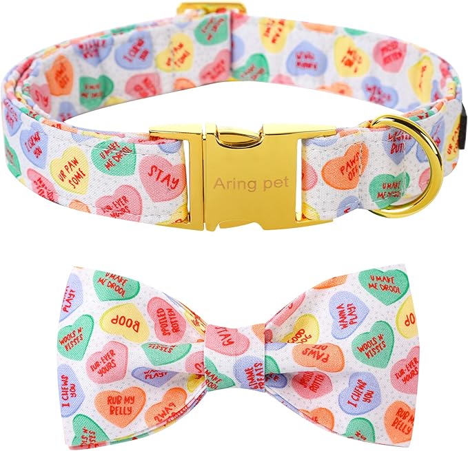 ARING PET Valentine's Day Dog Collar with Bow, Cute Adjustable Heart Bowtie Pet Collars with Metal Buckle for Puppy Small Medium Large Boy Girl Dogs-XL