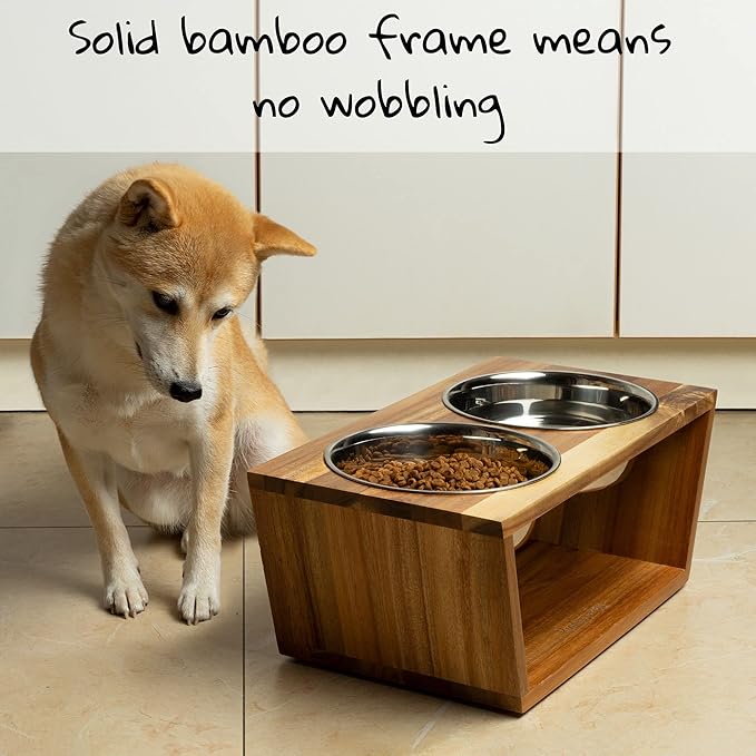 Pawfect Pets Elevated Dog Bowl Stand- 7" Raised Dog Bowl for Medium Dogs. Pet Feeder with Four Stainless Steel Bowls (Acacia)