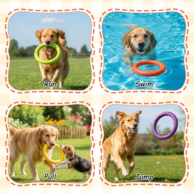 4 Pack Dog Toy Training Ring, 7.48” EVA Dog Toy Ring, Durable Chew Flying Rings for Large Medium Puppy Training, Floating Pull Fetch Toys for Aggressive Chewers, Chewing Cathing Form Toys