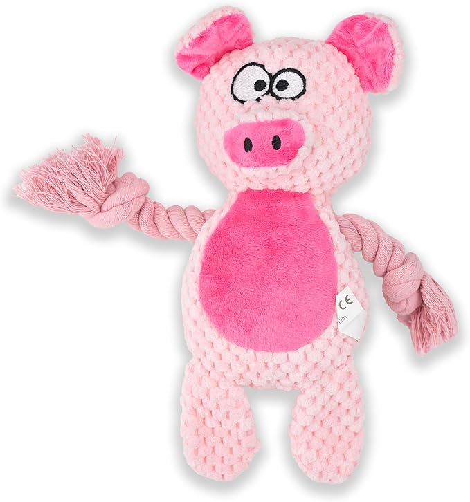 Dog Toy Squeaky Chewing Rope Stuffed Plush Animal with Crinkle Paper Interactive Soft Aggressive S-M-L Pets Gift Holiday Pink Pig