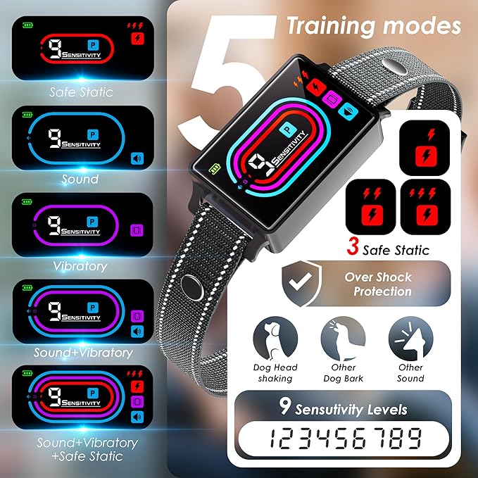 Dog Bark Collar 3 Pack, Smart Bark Collars for Dogs 5–130 lbs, Upgraded Anti Bark Training Collar with Beep, Vibration & Shock, 9 Sensitivity Levels, 5 Training Modes, Rechargeable & IPX7 Waterproof