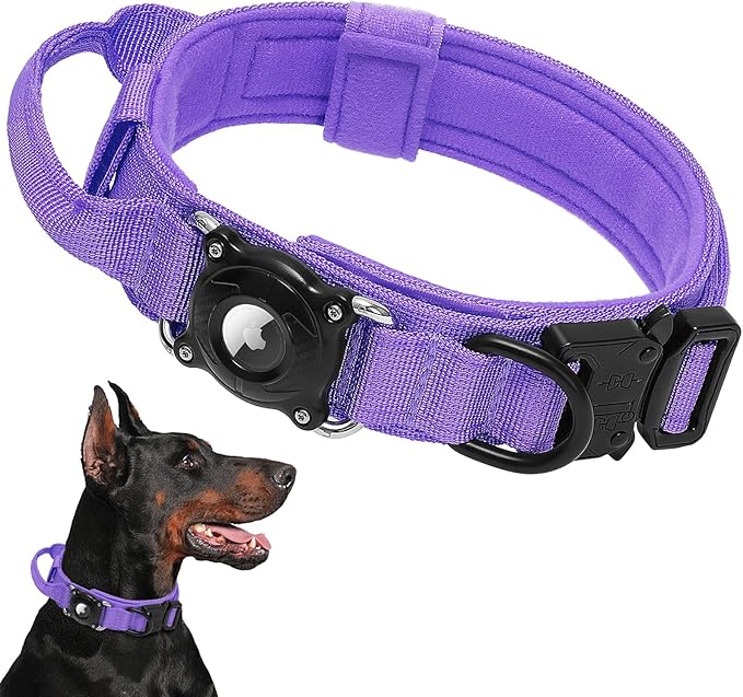 Tactical AirTag Dog Collar with Waterproof Holder | Military-Grade Adjustable Collar, Comfortable Control Handle & Metal Buckle for Medium Large Dogs (Purple, M)