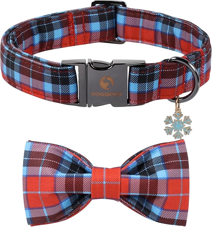DOGWONG Christmas Dog Collar with Bow Tie, Red Blue Plaid Dog Collar Durable Metal Buckle Adjustable Soft & Cute Red Checkered Dogs Collars for Small Medium Large Dogs, S