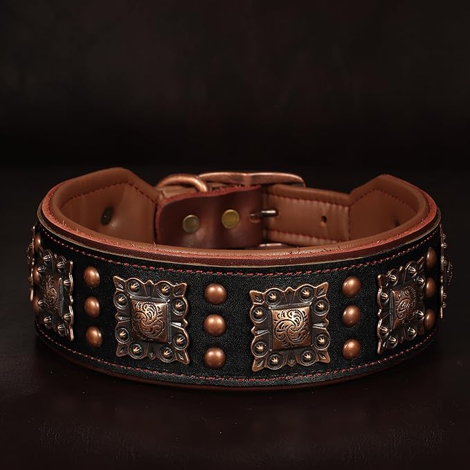 PET ARTIST Genuine Leather Dog Collar for Large Dogs, 2 inch Wide Luxury Dog Collar with Rivet Studded & Metal Buckle, Comfortable & Stylish Pet Collars for Great Dane Rottweiler,Black,Neck 22-25"