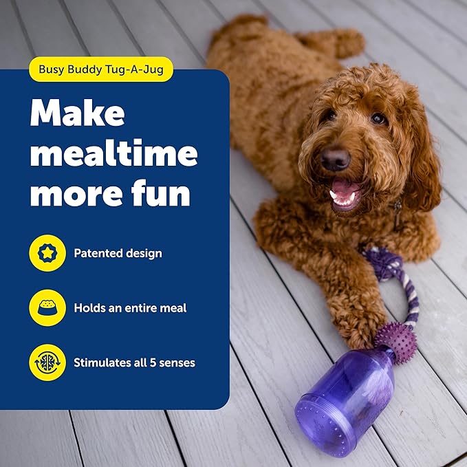PetSafe Busy Buddy Tug-A-Jug Dog Toy - Rewards & Challenges Dogs - Meal Puzzle Toy - Durable Rubber Wrap - Tugging Braided Rope - Engaging & Interactive