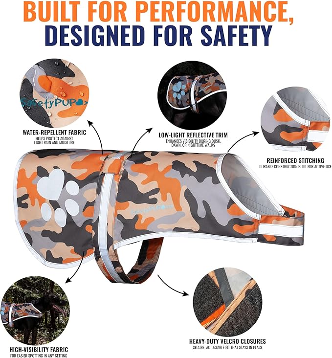 SafetyPUP XD Dog Reflective Vest – Hi-Vis Fluorescent Visibility That Helps to Safeguard Your Pet On/Off Leash in Urban & Rural Areas (Camo, Small)