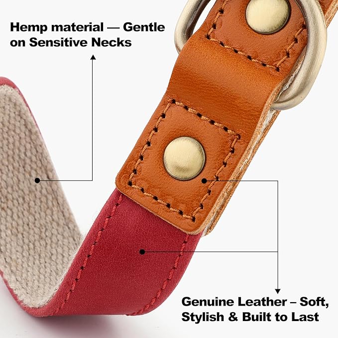 Plutus Pet Genuine Leather & Hemp Dog Collar – Adjustable Heavy Duty Pet Collar with Quick Release Metal Buckle, Soft & Stylish for Puppy and Small, Medium, Large Dogs (Red, M)