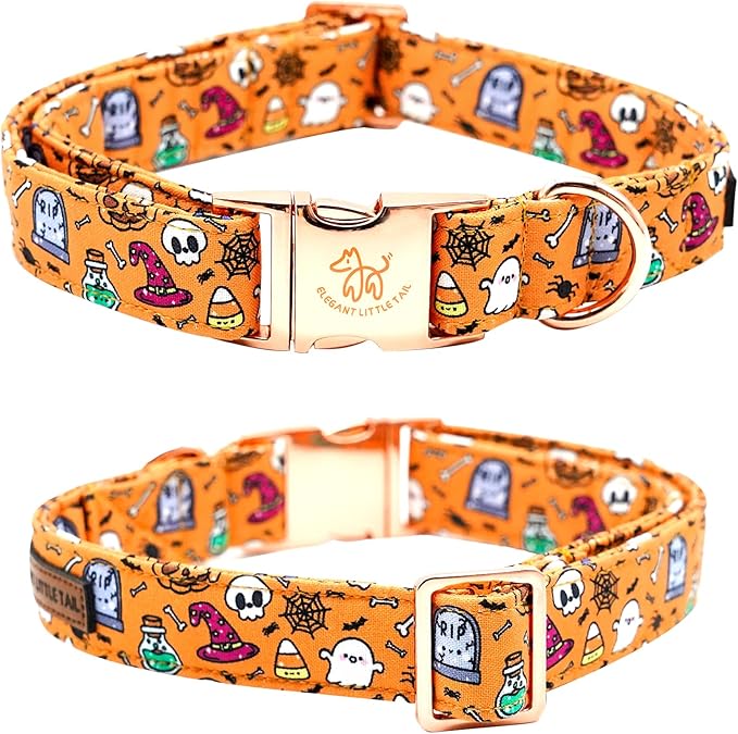Elegant Little Tail Halloween Collar, Orange Pumpkin Dog Collar with Flower Girl Boy Pet Collar, Soft Durable for X-Large Dogs