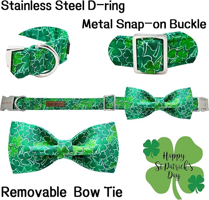 Unique style paws St. Patrick's Day Dog Collar with Bow Green Clover Puppy Collar for Small Medium Large Boys Girls Dogs-S