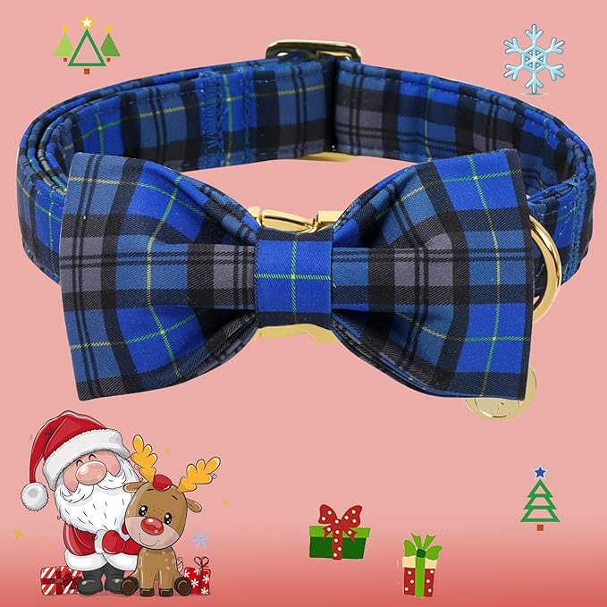 DOGWONG Christmas Dog Collar with Bow Tie, Blue Plaid Dog Collar Durable Metal Buckle Adjustable Soft & Cute Blue Checkered Dogs Collars for Small Medium Large Dogs, L