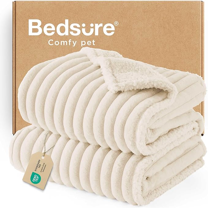 Bedsure ComfyFleece Waterproof Dog Blankets for Large Dogs - Soft Pet Cat Blanket Corduroy Fleece for Bed Protector Washable, Cozy Calming Reversible Furniture Protection,60"x80", Cream