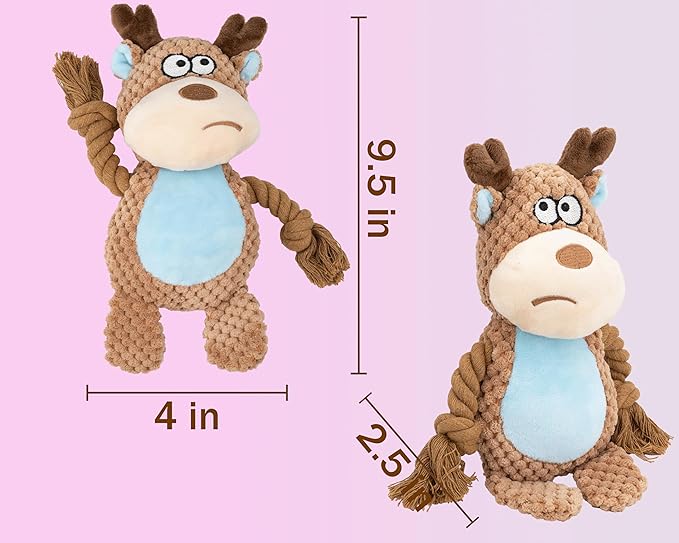 Dog Toy Squeaky Chewing Rope Stuffed Plush Animal with Crinkle Paper Interactive Soft Aggressive S-M-L Pets Gift Holiday Khaki Elk