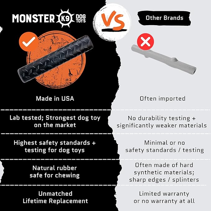 Monster K9 Indestructible Stick Dog Toy - Lifetime Replacement - Durable for Aggressive Chewers - Safe Non-Toxic Natural Rubber - Chew, Tug & Fetch - Tough, Heavy Duty - USA Made - Solid-Core, 9" x 2"