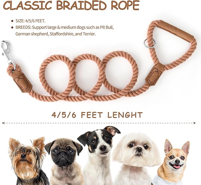 Mile High Life Dog Leash, Braided Cotton Rope Leashes with Leather Handle - Heavy Duty Metal Clasp, 4FT, 1/2" Thick - Wedding, Walking & Training Leash for Small Medium Large Dogs (Mocha Mousse)