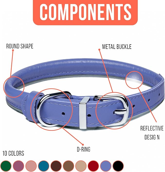 OOPSDOGGY Rolled Leather Dog Collar Reflective Roll Collars for Small Medium Large Dogs Puppy (Blue, XL, 17'' - 21'')