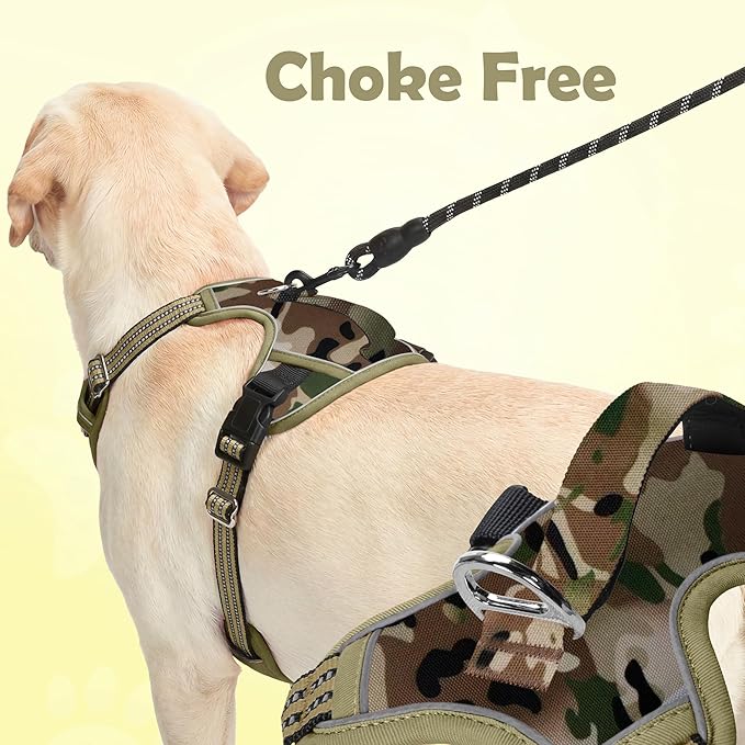 Funfox Dog Harness No Pull, Adjustable Pet Vest Harness, Super Soft Material with Vertical Handle Easy Control, Reflective Night Walking, 2 Leash Clips for Medium Sized Dogs, Camo Green, M