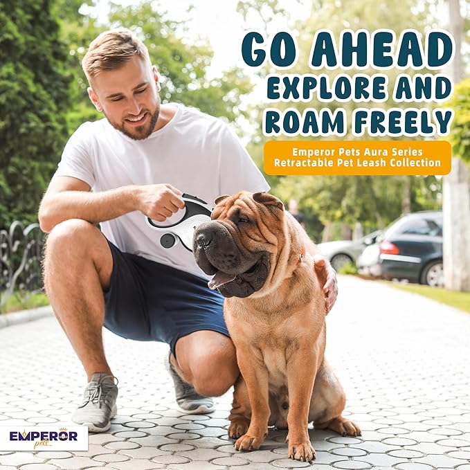 Emperor Pets 16 ft Retractable Dog Leash White - Heavy Duty Retractable Pet Leash with Anti-Slip Grip for Medium to Large Dogs up to 110 lbs -Aura BW16