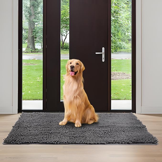 Chenille Absorbent Front Door Mat 96" x 48", Dog Door Mat for Muddy Paws, Trap Dirt Doormat, Mud Mat for Dogs, Washable Non Slip Outdoor Indoor Doormats for Entryway, Grey
