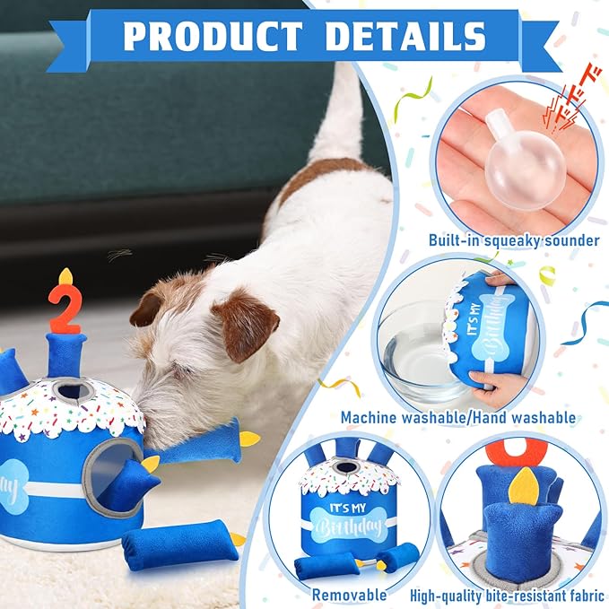 Dog 2nd Birthday Cake Toy Squeaky Interactive Dog Toy Hide and Seek Plush Dogs Puzzle Puppy Toys for Boredom Keep Them Busy for Small Medium Dogs(Blue)