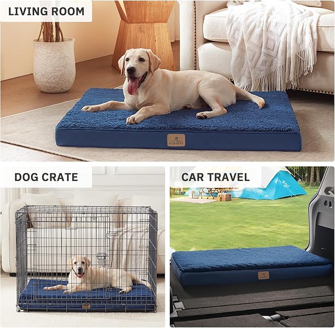 Bedfolks Orthopedic Dog Bed for Extra Large Dogs - Egg Foam Dog Crate Bed with Removable Waterproof Cover, Pet Bed Mat Suitable for Dogs and Pets Up to 100 lbs (44 x 32 x 3.5 inches, Navy)