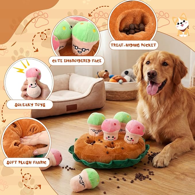 Skylety 7 Pcs Interactive Mushroom Dog Toy Set Snuffle Toy with Treat Hiding Puzzle and Squeaky Plush, Durable Vegetable Dog Toys for Small Medium Dogs, Training and Boredom Relief Plaything