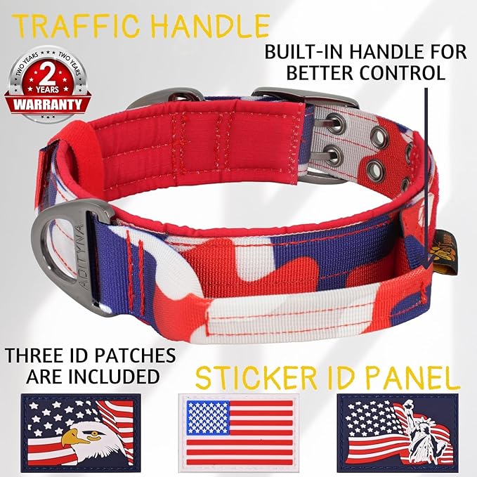 ADITYNA Heavy Duty Dog Collar for Medium Dogs - Camo Red Blue Collar with Handle for Training, and Walking - Wide, Thick, Tactical, Soft Neoprene Padded