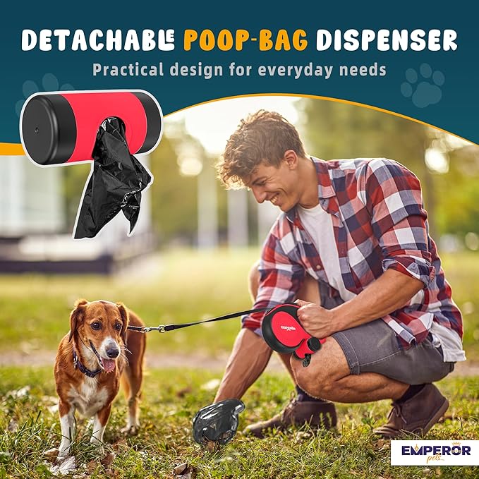 Emperor Pets 26 ft Retractable Dog Leash Red - Heavy Duty Retractable Pet Leash with Anti-Slip Grip for Medium to Large Dogs up to 110 lbs -Aura BR26