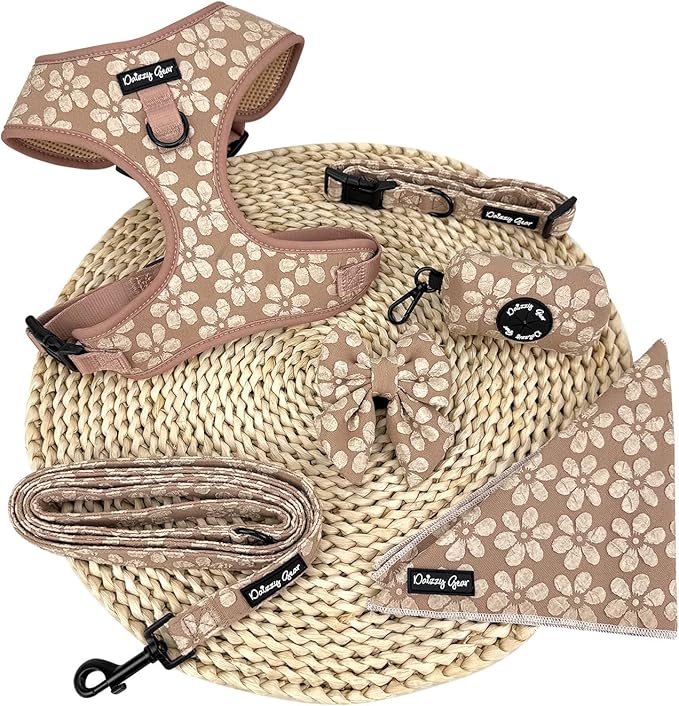 Large Dog Collar and Harness Set – No Pull, All-Weather, Breathable Harness & Leash Set with Collar, Bandana, Sailor Bow & Poop Bag Holder – Adjustable & Soft - Cocoa Bloom on Jacquard Fabric