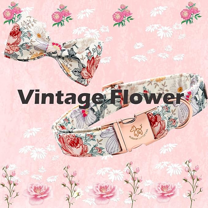 Elegant little tail Vintage Floral Dog Collar with Bow, Comfotable Dog Bowtie, Dog Collar Bow Adjustable Dog Collars for Small Medium Large Dogs