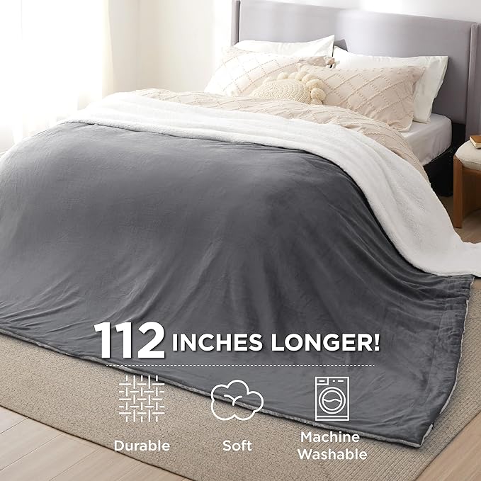 Bedsure GentleSoft Sherpa Fleece Cal King Blankets for Bed, Non-Heated, Thick and Warm Oversized Blanket for Winter, Soft Fuzzy Plush Large Throw for Women and Men, Grey, 112x98 Inches