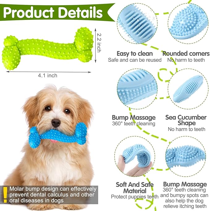 Skylety 6 Pcs Puppy Teething Chew Toys Rubber Bones Shaped Dog Teething Rings Pet Cute Pink Small Dog Toys for 2-8 Months Small Dogs Cleaning Relieving Itching(Blue, Pink, Yellow Green)