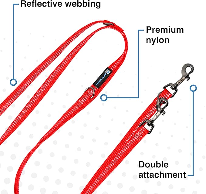 Blue-9 Reflective Multi-Function Dog Leash, Double Attachment Adjustable Lead for Obedience Training and Running, 6 Feet, Made in The USA, Small/Medium, Red