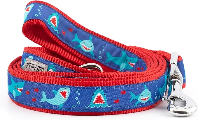 THE WORTHY DOG 5 FT Nylon Dog Leash for Small to Medium Dogs, Metal Quick Clip, Chomp Shark Pattern, Blue, Small