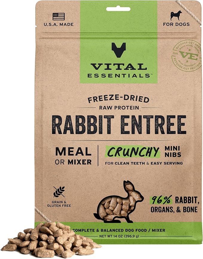 Vital Essentials Freeze Dried Dog Food, Raw Rabbit Crunchy Mini Nibs | Complete Meal or Mixer | High Protein, Low Carb, Grain Free, Dry Dog Food | 14 oz