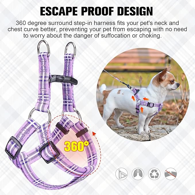 BEAUTYZOO No Pull Dog Harness and Leash Set - Adjustable Step-in Puppy Harness for Small Medium Large Dogs, Escape Proof Soft Nylon Vest with Double D Ring for Walking Running Training, Purple XS