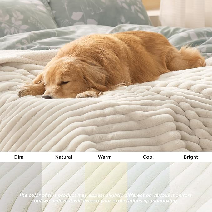 Bedsure ComfyFleece Waterproof Dog Blankets for Medium Dogs - Soft Puppy Cat Blanket Corduroy Fleece Washable, Cozy Calming Reversible Furniture Protection for Pet Kitten Doggy,30"x40", Cream