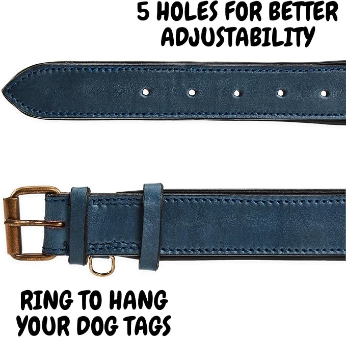 Real Leather Dog Collar Padded Soft Interiors with Premium Vintage Look Handcrafted Heavy Duty with Tag Ring for Small Medium and Large Pets (Large (1.5" Wide for 16.5" - 20.5" Neck), Ocean Blue)