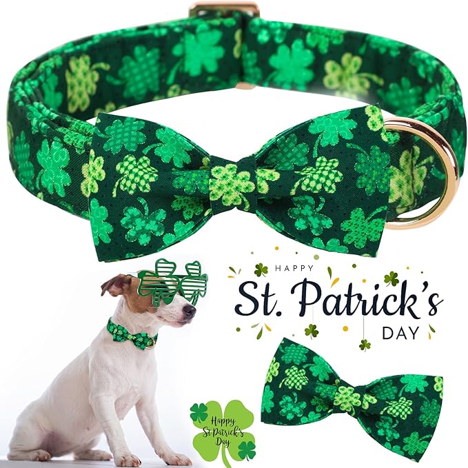ARING PET St. Patrick's Day Dog Collar with Bow, Cute Adjustable Plaid Clovers Bowtie Pet Collars with Metal Buckle for Puppy Small Medium Large Boy Girl Dogs-XS