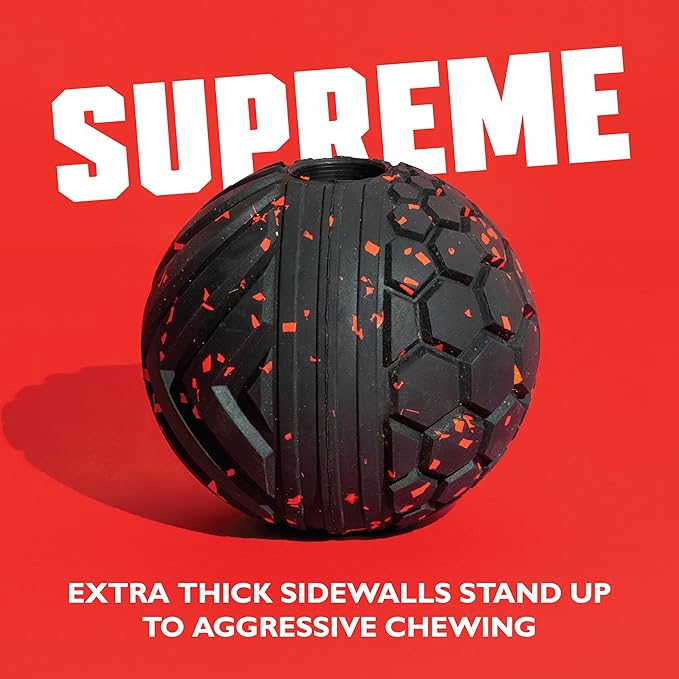 Chew King Supreme Durable Rubber Dog Ball for Aggressive Chewers, Treat-Dispensing Heavy-Duty Chew Toy with Safety Air Vent, Interactive Dog Toy for Training & Enrichment, Large 4" Fetch Ball