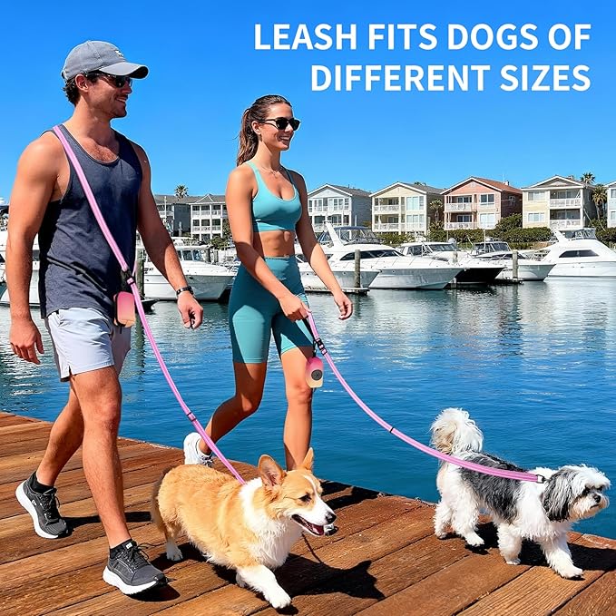Kazazoo Hands-Free Dog Leash with Poop Bag Holder, Adjustable 4-7 Ft Waist for Dog Walking, Running for Small & Medium Dogs with Reflective Strips, Nylon Waist Belt, Pink