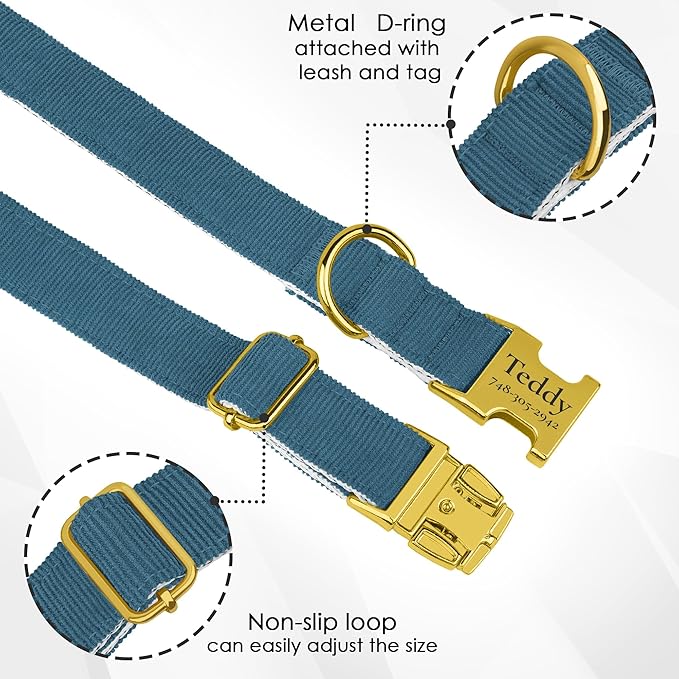 Personalized Dog Collar with Gold Metal Buckle, Velvet Custom Dog Collars for Small, Medium & Large Dogs – Puppy Collars with Metal Buckle, 4 Sizes, 8 Colors (Denim, M, 12"-15")