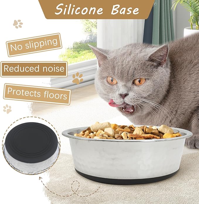 kathson Stainless Steel Cat Bowls 3 PCS Hammered Metal Dog Bowls with Rubber Non-Slip Base Pet Dishes for Water and Food Dishwasher Safe for Feeding Small to Medium Sized Pets(7.1in)
