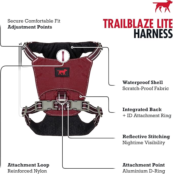 Tuff Pupper All-Day Wear Dog Harness | for Walking, Trail Running, Hiking | Front & Back Leash Clips | Reflective Trim | Easy On/Off Buckles | Lightweight Breathable | No Pull Design (XXXS, Red)