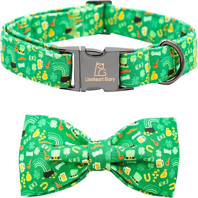 Lionheart Glory St. Patrick's Day Dog Collar for X-Small Dogs - Adjustable Green With Lucky Clover Shamrock and Bowtie
