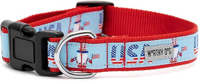 THE WORTHY DOG Collar for Small Dogs, Adjusts 6-12 inches, Durable Nylon Webbing, Quick Release Buckle, Uncle Sam Gnome Pattern, Red/White/Blue, X-Small