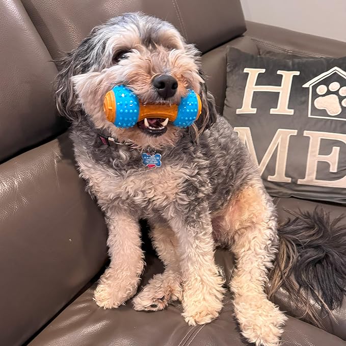 SPOT Bam-Bones Plus Gigglers Dumbbell Durable Dog Chew Toy, for Medium Aggressive Chewers, Bamboo Fiber & Nylon, Dual Texture, Massaging Rubber Ends, Peanut Butter Flavor, 5.5 in